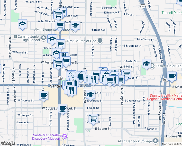 map of restaurants, bars, coffee shops, grocery stores, and more near 421 East Chapel Street in Santa Maria