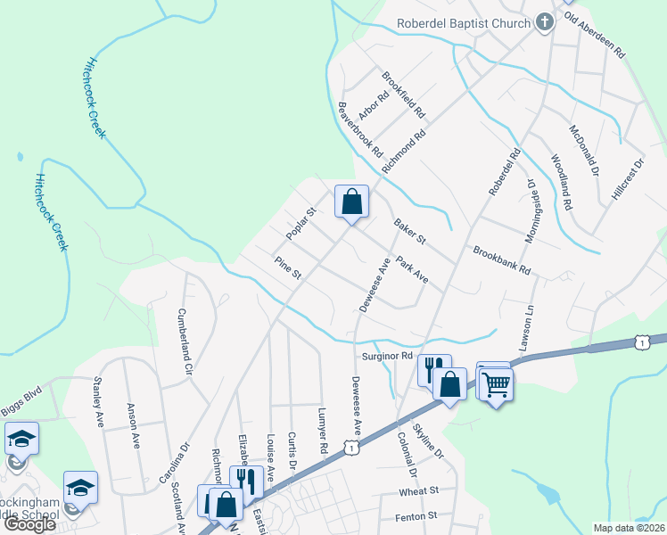 map of restaurants, bars, coffee shops, grocery stores, and more near 1817 Sunset Belt in Rockingham