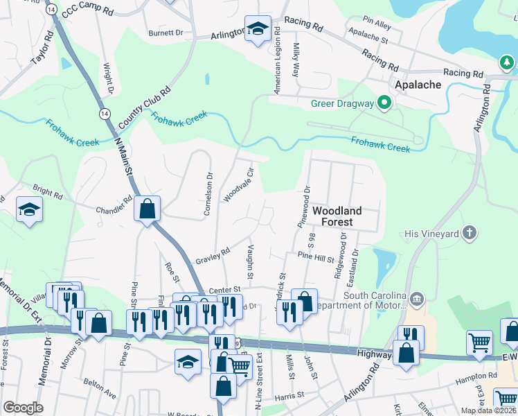 map of restaurants, bars, coffee shops, grocery stores, and more near 4 Mossy Oak Lane in Greer