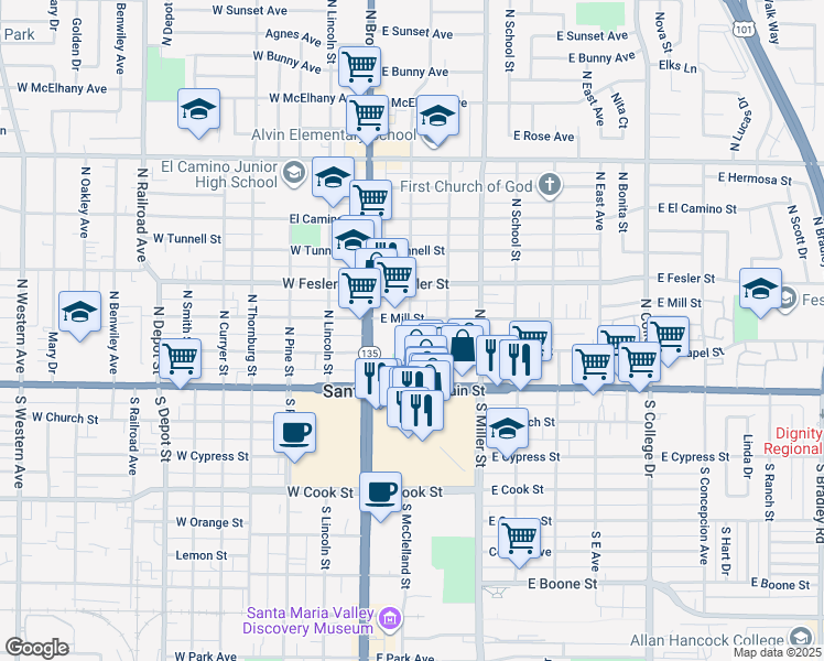 map of restaurants, bars, coffee shops, grocery stores, and more near 200 North McClelland Street in Santa Maria