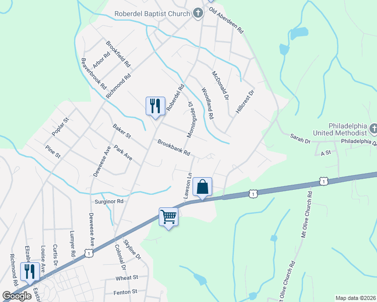 map of restaurants, bars, coffee shops, grocery stores, and more near 2112 Brookbank Road in Rockingham