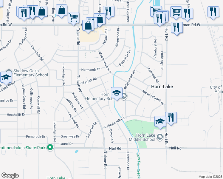 map of restaurants, bars, coffee shops, grocery stores, and more near 2945 Greenbriar Cove West in Horn Lake