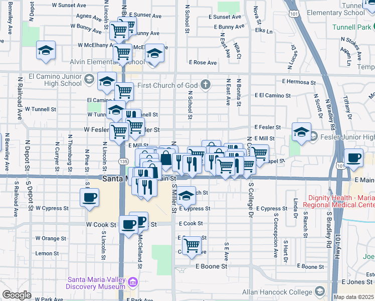 map of restaurants, bars, coffee shops, grocery stores, and more near 421 East Chapel Street in Santa Maria