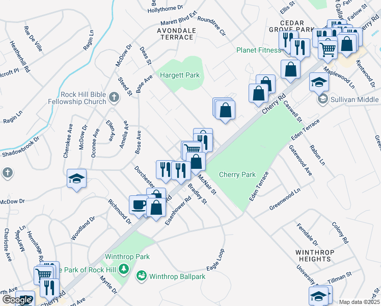 map of restaurants, bars, coffee shops, grocery stores, and more near 1405 Cherry Road in Rock Hill