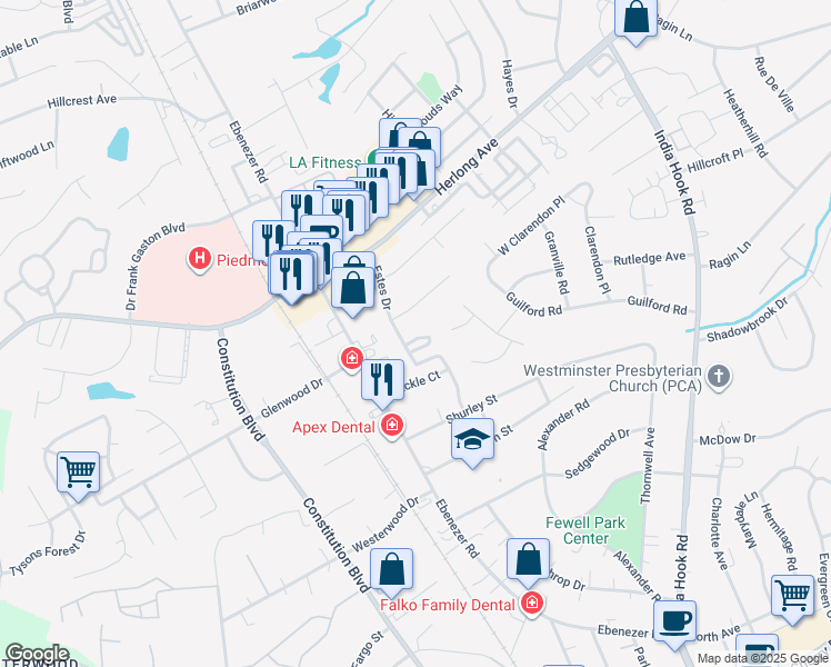 map of restaurants, bars, coffee shops, grocery stores, and more near 1578 Estes Court in Rock Hill