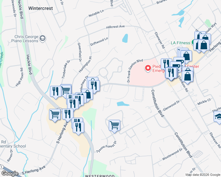 map of restaurants, bars, coffee shops, grocery stores, and more near 283 South Herlong Avenue in Rock Hill