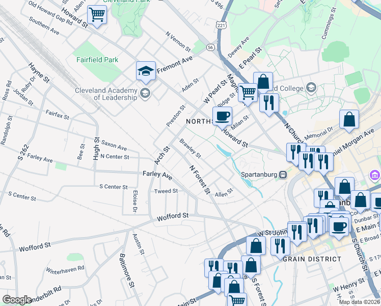 map of restaurants, bars, coffee shops, grocery stores, and more near 525 North Forest Street in Spartanburg