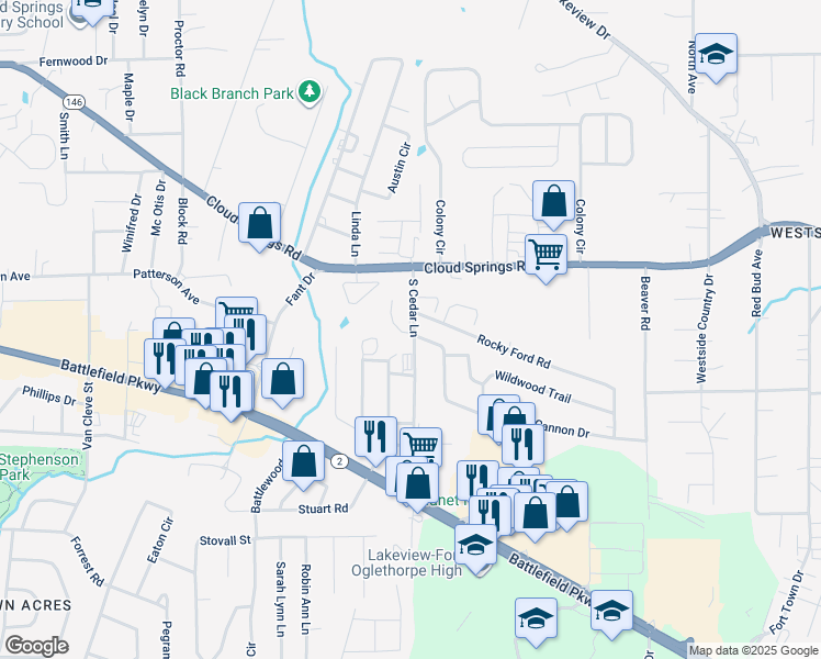 map of restaurants, bars, coffee shops, grocery stores, and more near 1101 Park Forrest Drive in Fort Oglethorpe