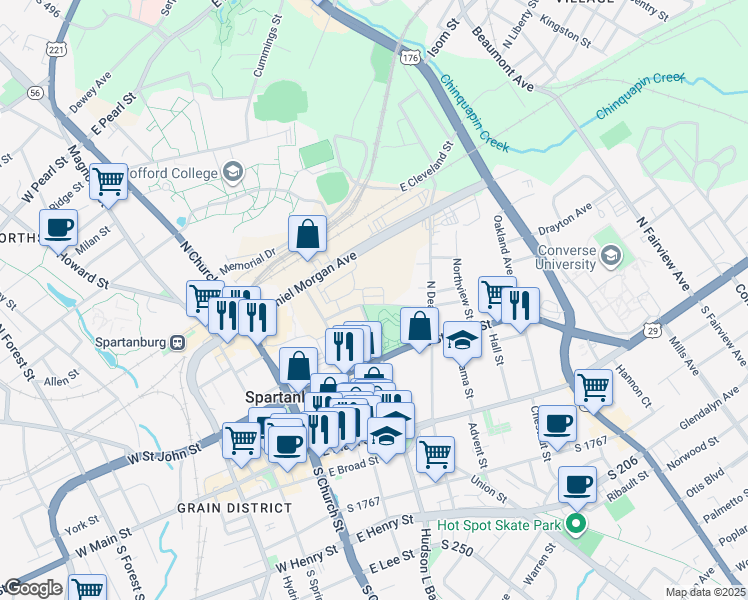 map of restaurants, bars, coffee shops, grocery stores, and more near 138 Silver Hill Street in Spartanburg
