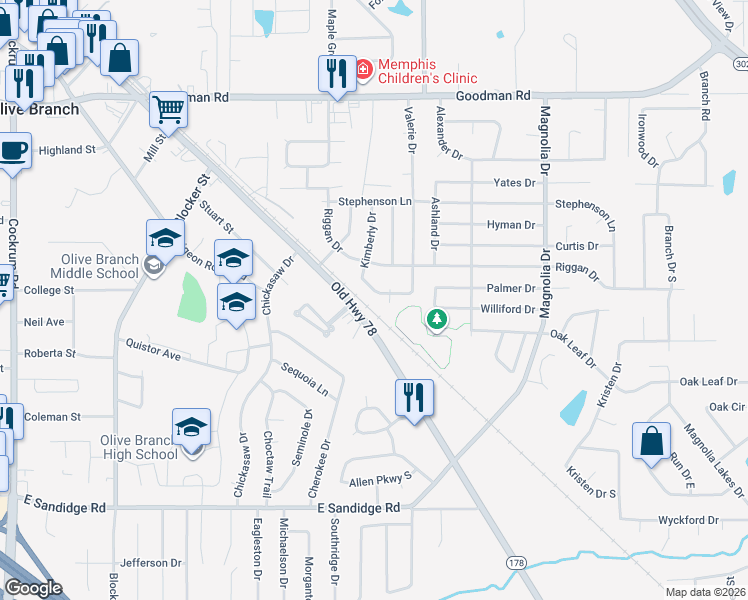 map of restaurants, bars, coffee shops, grocery stores, and more near 9889 Leigh Ann Drive in Olive Branch