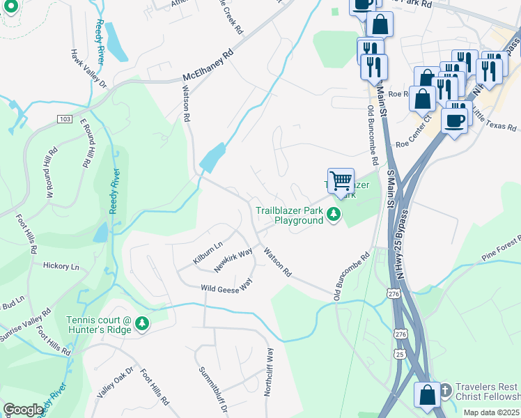 map of restaurants, bars, coffee shops, grocery stores, and more near 400 Trailblazer Drive in Travelers Rest