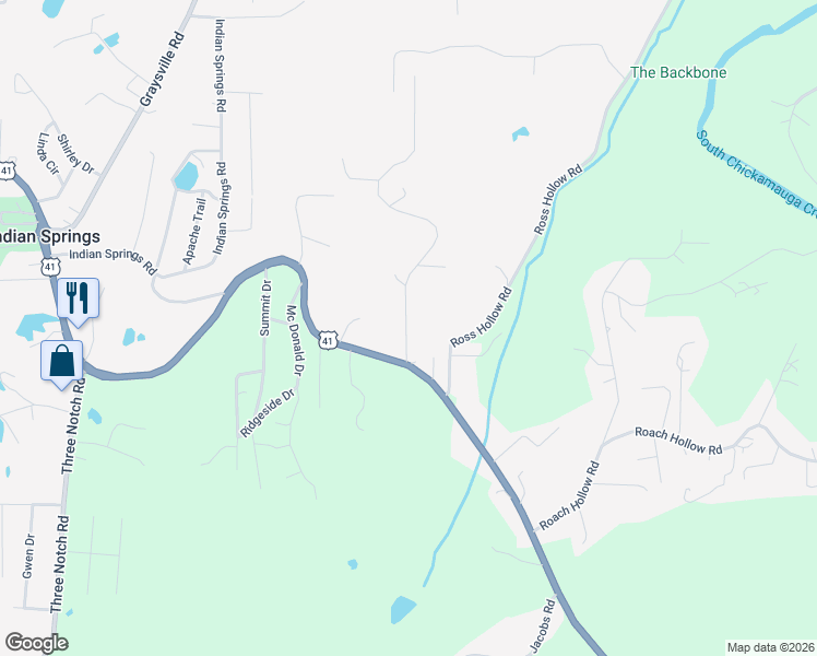 map of restaurants, bars, coffee shops, grocery stores, and more near 46 New Summit Hill Road in Ringgold