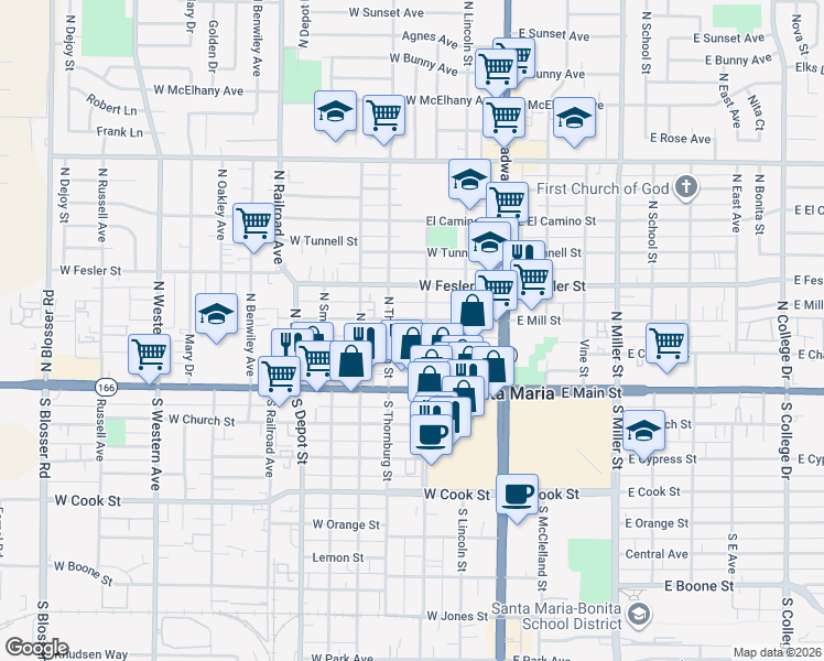 map of restaurants, bars, coffee shops, grocery stores, and more near 308 West Mill Street in Santa Maria