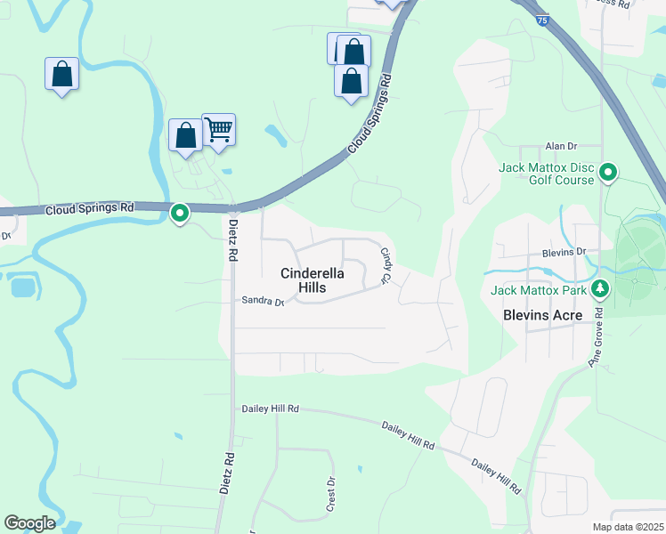 map of restaurants, bars, coffee shops, grocery stores, and more near 98 Linda Lane in Ringgold