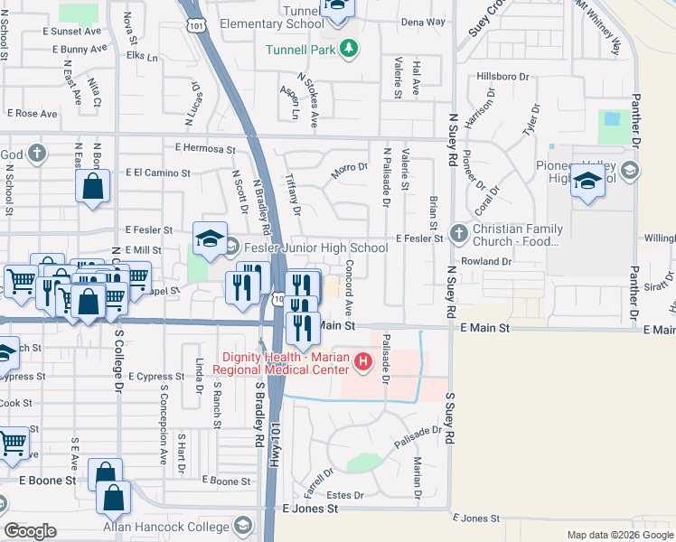 map of restaurants, bars, coffee shops, grocery stores, and more near 1204 Cobblestone Lane in Santa Maria