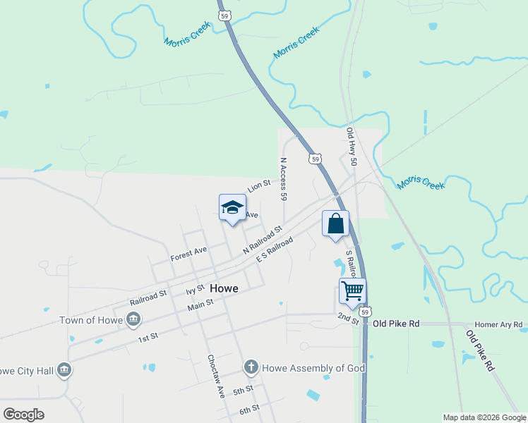 map of restaurants, bars, coffee shops, grocery stores, and more near North Railroad Street in Howe