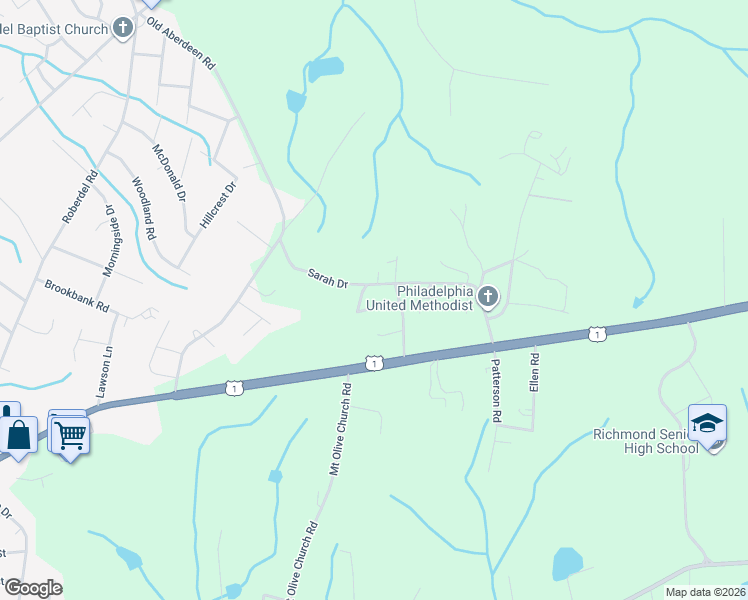 map of restaurants, bars, coffee shops, grocery stores, and more near 121 Philadelphia Drive in Rockingham