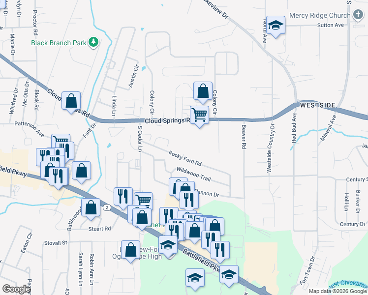 map of restaurants, bars, coffee shops, grocery stores, and more near 205 Rocky Ford Road in Rossville