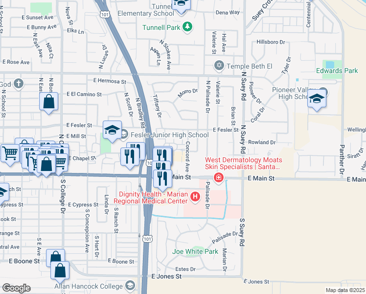 map of restaurants, bars, coffee shops, grocery stores, and more near 1208 Cobblestone Lane in Santa Maria
