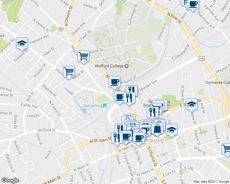 map of restaurants, bars, coffee shops, grocery stores, and more near 354 North Church Street in Spartanburg