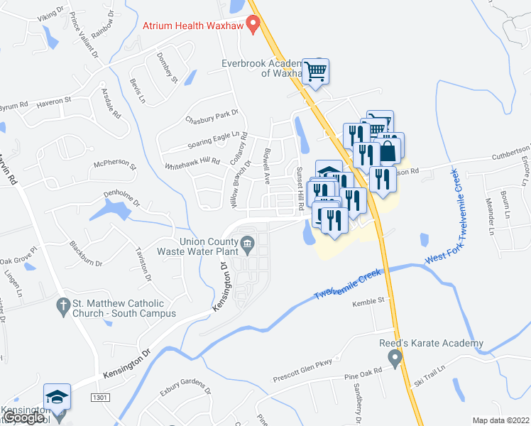 map of restaurants, bars, coffee shops, grocery stores, and more near 8105 Willow Branch Drive in Waxhaw