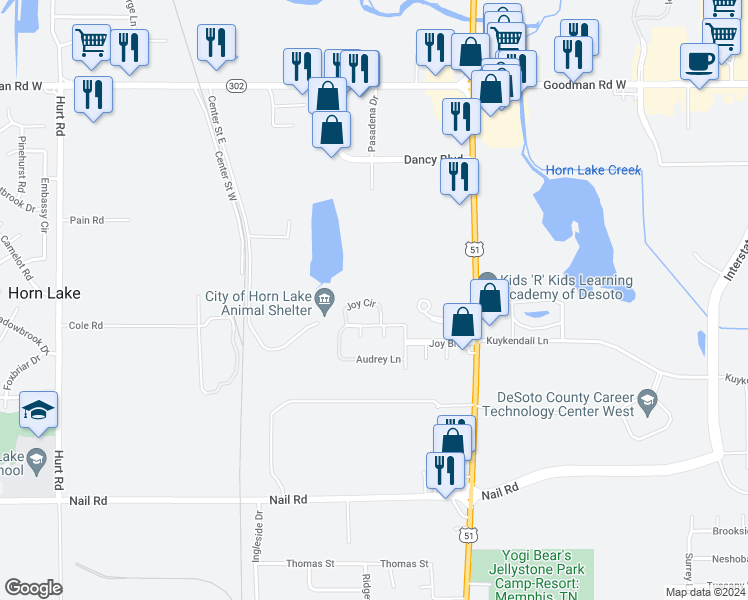 map of restaurants, bars, coffee shops, grocery stores, and more near 1760 Joy Circle in Horn Lake
