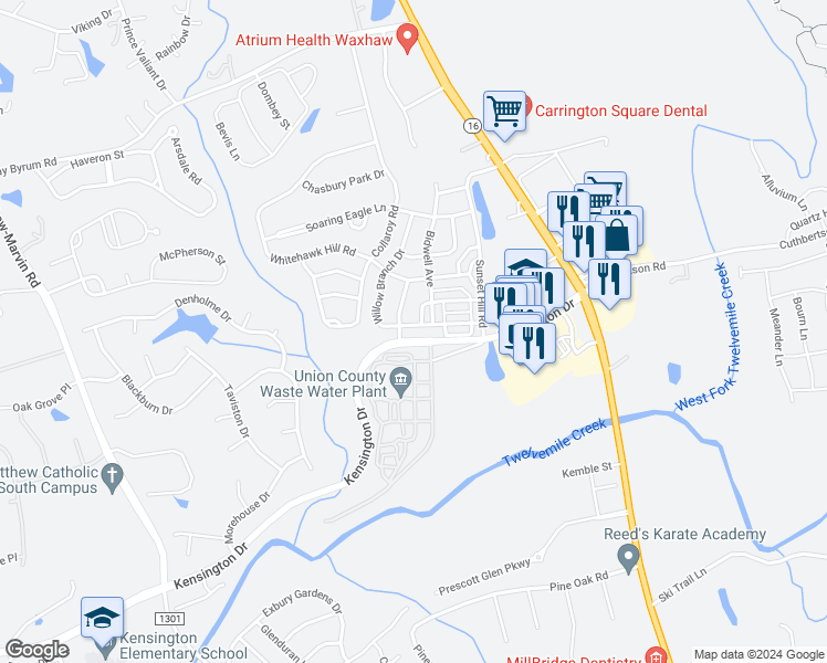 map of restaurants, bars, coffee shops, grocery stores, and more near 8205 Willow Branch Drive in Waxhaw