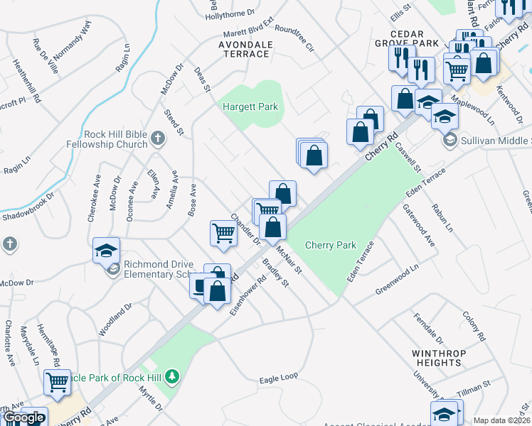 map of restaurants, bars, coffee shops, grocery stores, and more near 1405 Cherry Road in Rock Hill