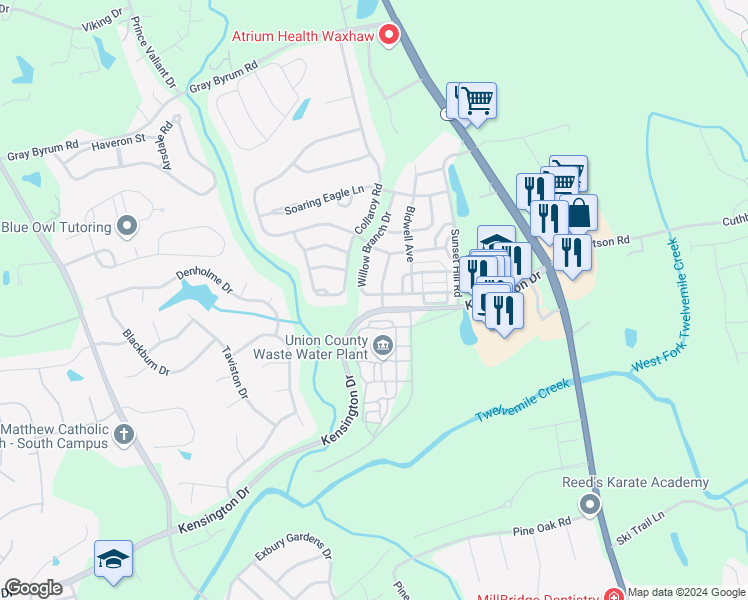 map of restaurants, bars, coffee shops, grocery stores, and more near 8305 Willow Branch Drive in Waxhaw