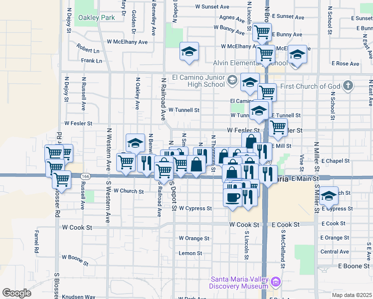 map of restaurants, bars, coffee shops, grocery stores, and more near 521 West Chapel Street in Santa Maria