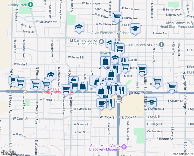 map of restaurants, bars, coffee shops, grocery stores, and more near 308 West Mill Street in Santa Maria