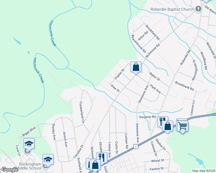 map of restaurants, bars, coffee shops, grocery stores, and more near 1708 Plum Nelly Road in Rockingham