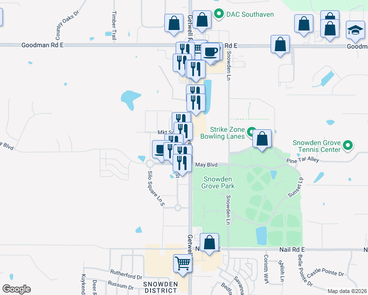 map of restaurants, bars, coffee shops, grocery stores, and more near 6505 Getwell Road in Southaven