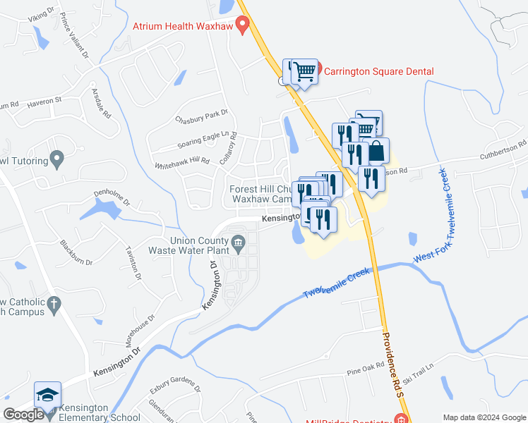 map of restaurants, bars, coffee shops, grocery stores, and more near 8055 Willow Branch Drive in Waxhaw