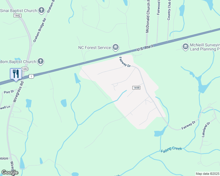 map of restaurants, bars, coffee shops, grocery stores, and more near 115 Pinedale Drive in Rockingham