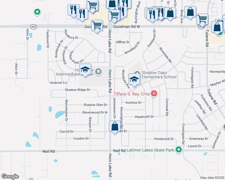 map of restaurants, bars, coffee shops, grocery stores, and more near 6480 Jamestown Drive in Horn Lake