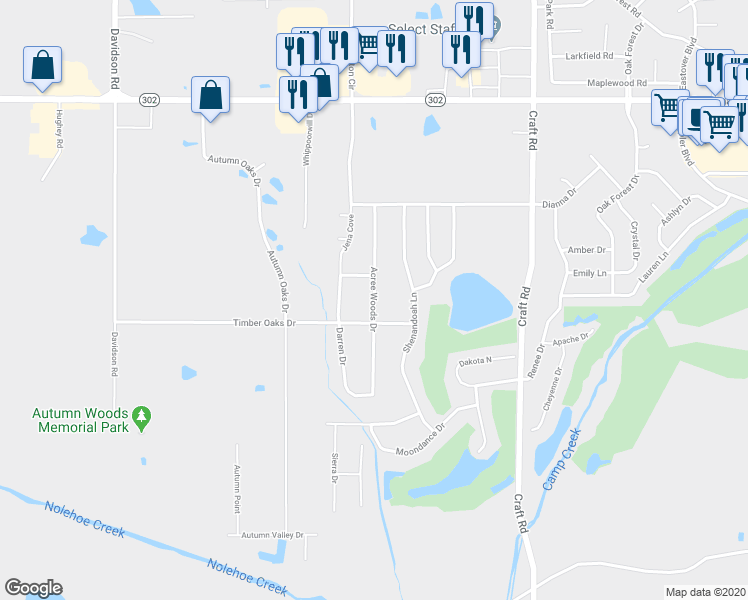 map of restaurants, bars, coffee shops, grocery stores, and more near Acree Woods Drive in Olive Branch