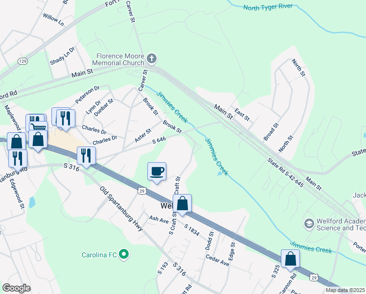 map of restaurants, bars, coffee shops, grocery stores, and more near 313 North Craft Street in Wellford