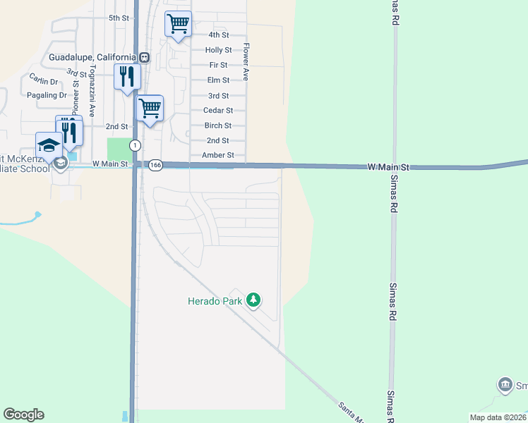map of restaurants, bars, coffee shops, grocery stores, and more near 4374 La Joya Drive in Guadalupe