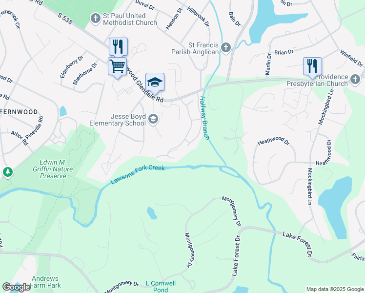 map of restaurants, bars, coffee shops, grocery stores, and more near 126 Highridge Drive in Spartanburg
