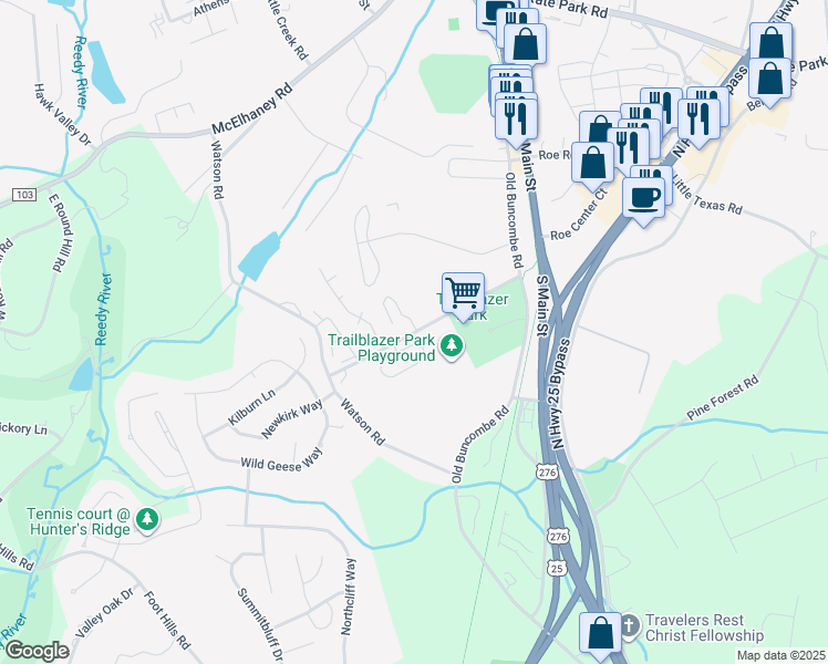 map of restaurants, bars, coffee shops, grocery stores, and more near 115 Wilhelm Winter Street in Travelers Rest
