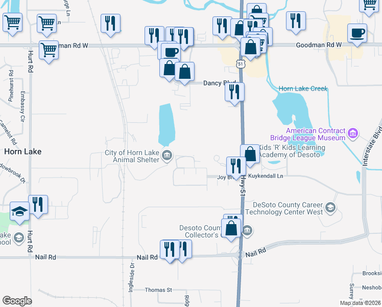 map of restaurants, bars, coffee shops, grocery stores, and more near 1800 Joy Circle in Horn Lake