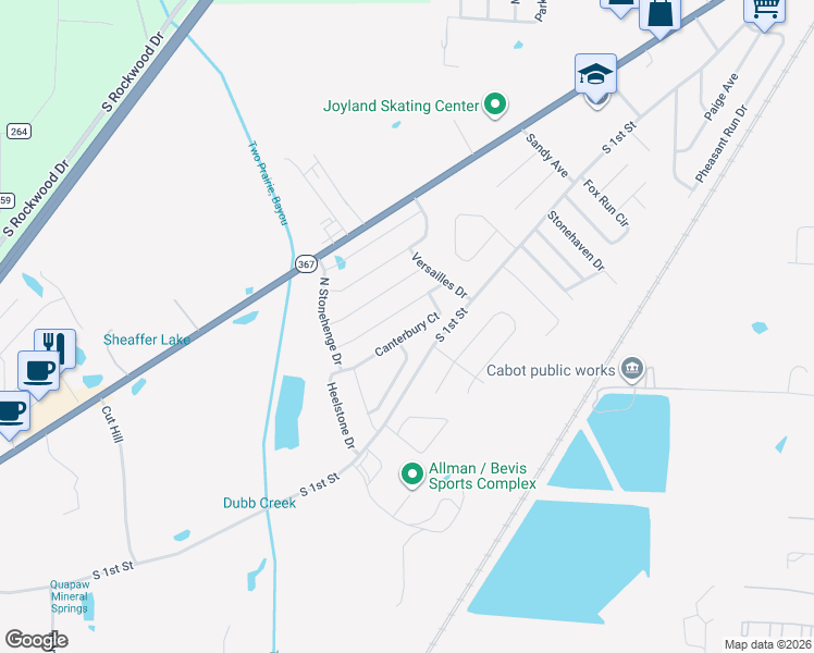 map of restaurants, bars, coffee shops, grocery stores, and more near 2429 Canterbury Lane in Cabot
