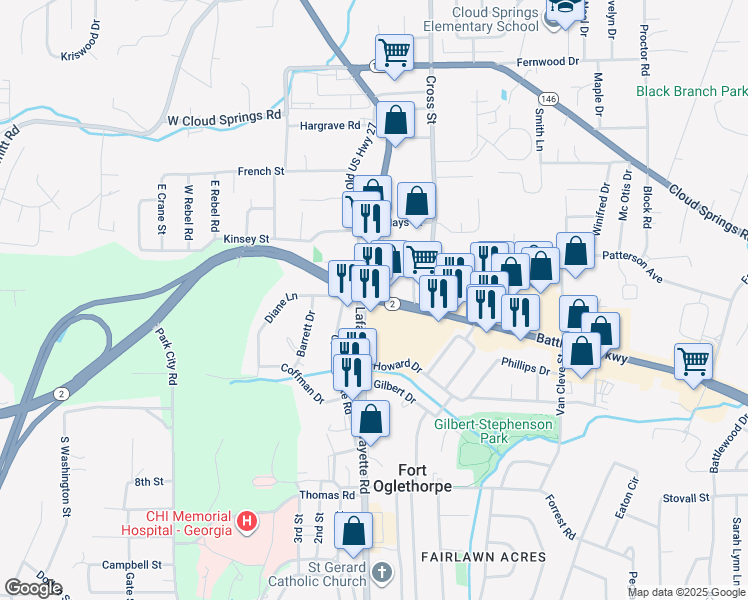 map of restaurants, bars, coffee shops, grocery stores, and more near 300 Battlefield Parkway in Fort Oglethorpe