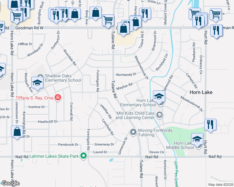 map of restaurants, bars, coffee shops, grocery stores, and more near 6505 Tulane Road in Horn Lake