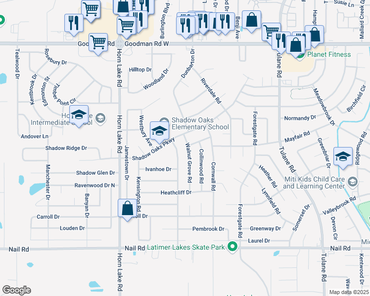 map of restaurants, bars, coffee shops, grocery stores, and more near 6450 Sandhurst Road in Horn Lake
