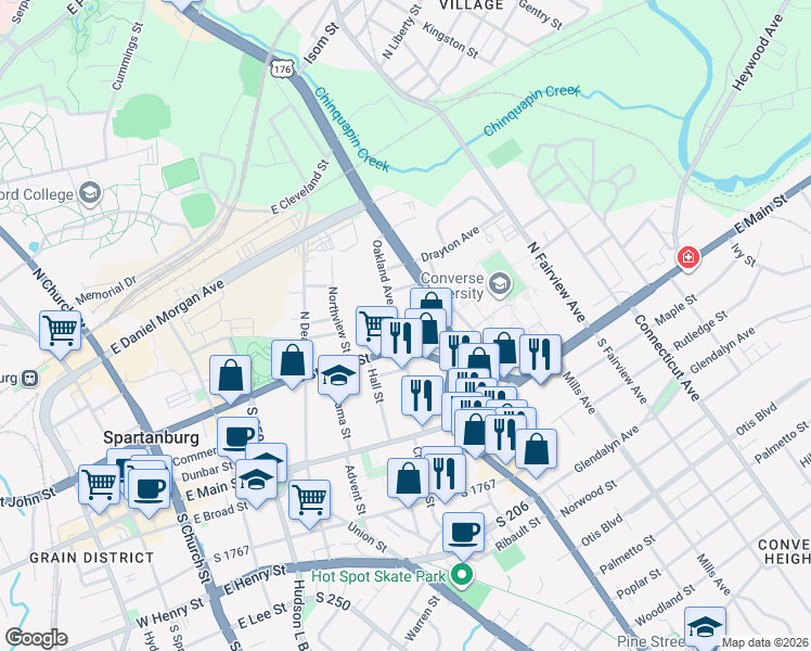 map of restaurants, bars, coffee shops, grocery stores, and more near 231 Oakland Avenue in Spartanburg
