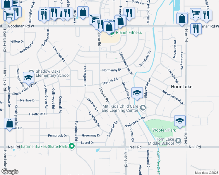 map of restaurants, bars, coffee shops, grocery stores, and more near 3150 Forest Glen Drive in Horn Lake