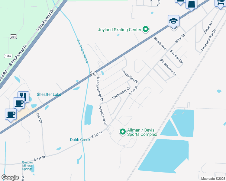 map of restaurants, bars, coffee shops, grocery stores, and more near 2423 Canterbury Lane in Cabot