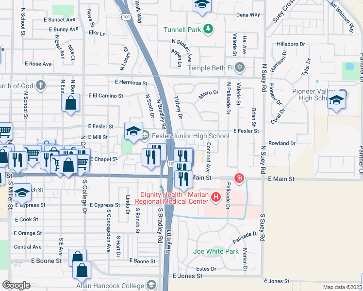 map of restaurants, bars, coffee shops, grocery stores, and more near 1203 Touchstone Lane in Santa Maria